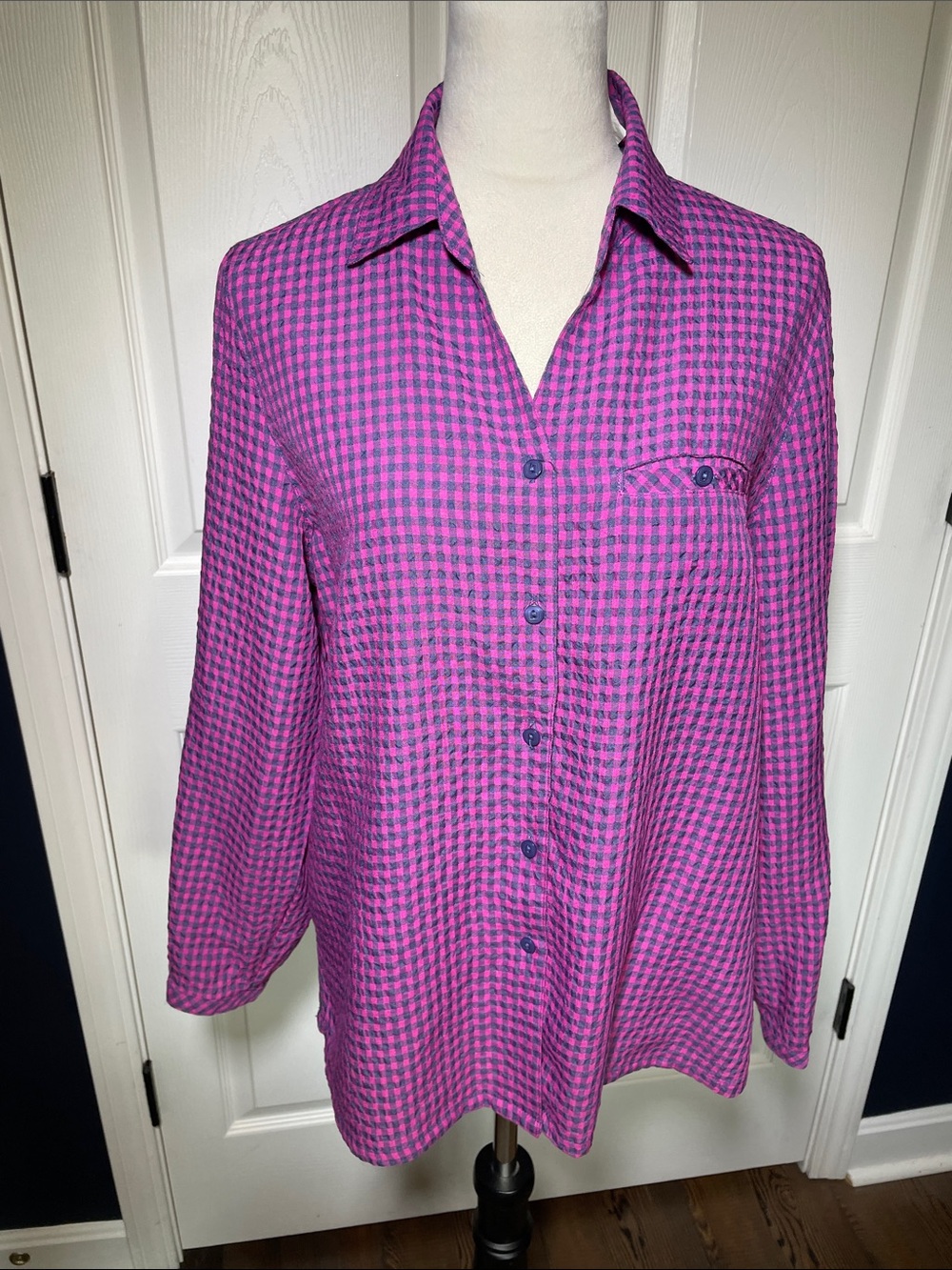 Koret Pink & Navy Gingham Plaid Button Up Shirt Long Roll Tab Sleeve Size L